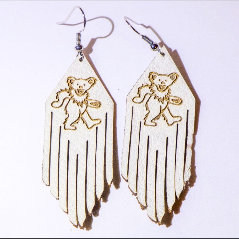 Handmade recycled leather dancing bear earrings